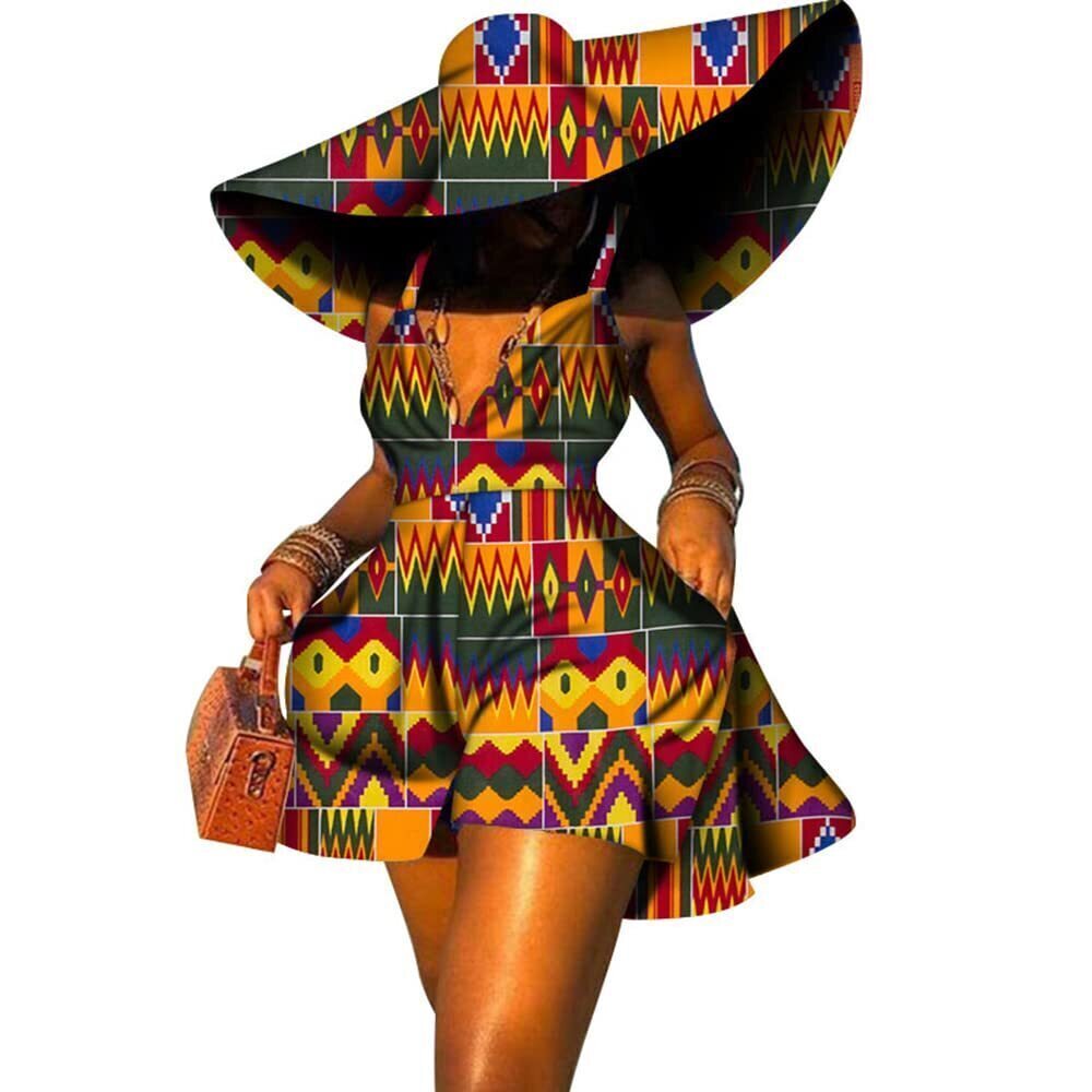 6986 African Dresses Suspenders Traditional Ankara Kente Print with Hat